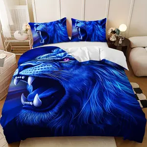 Bedding 3-piece set - 3PCS,Blue-purple gradient fur lion roaring design down comforter set (1 duvet cover + 2 pillowcases, filling not included). soft and comfortable, suitable for family bedrooms.