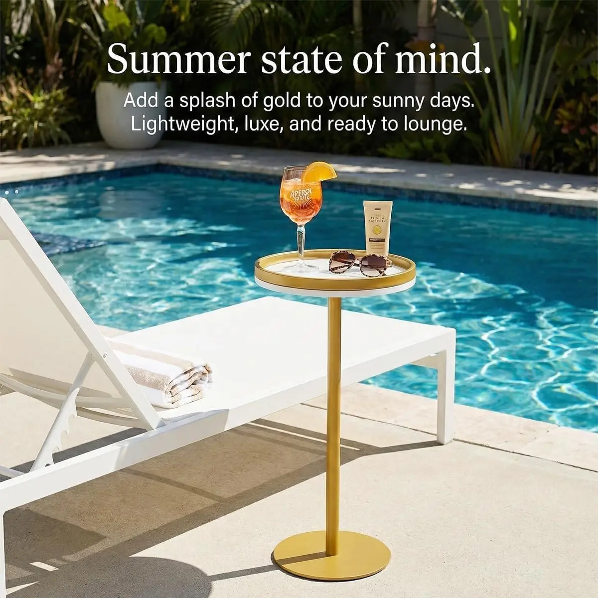 Martini Table, Small Round Drink Table with Weighted Base,Modern White & Gold Pedestal End Table with Tray Top Edge for Small Spaces, Living Room, Next to Sofa,24.7 "Tall