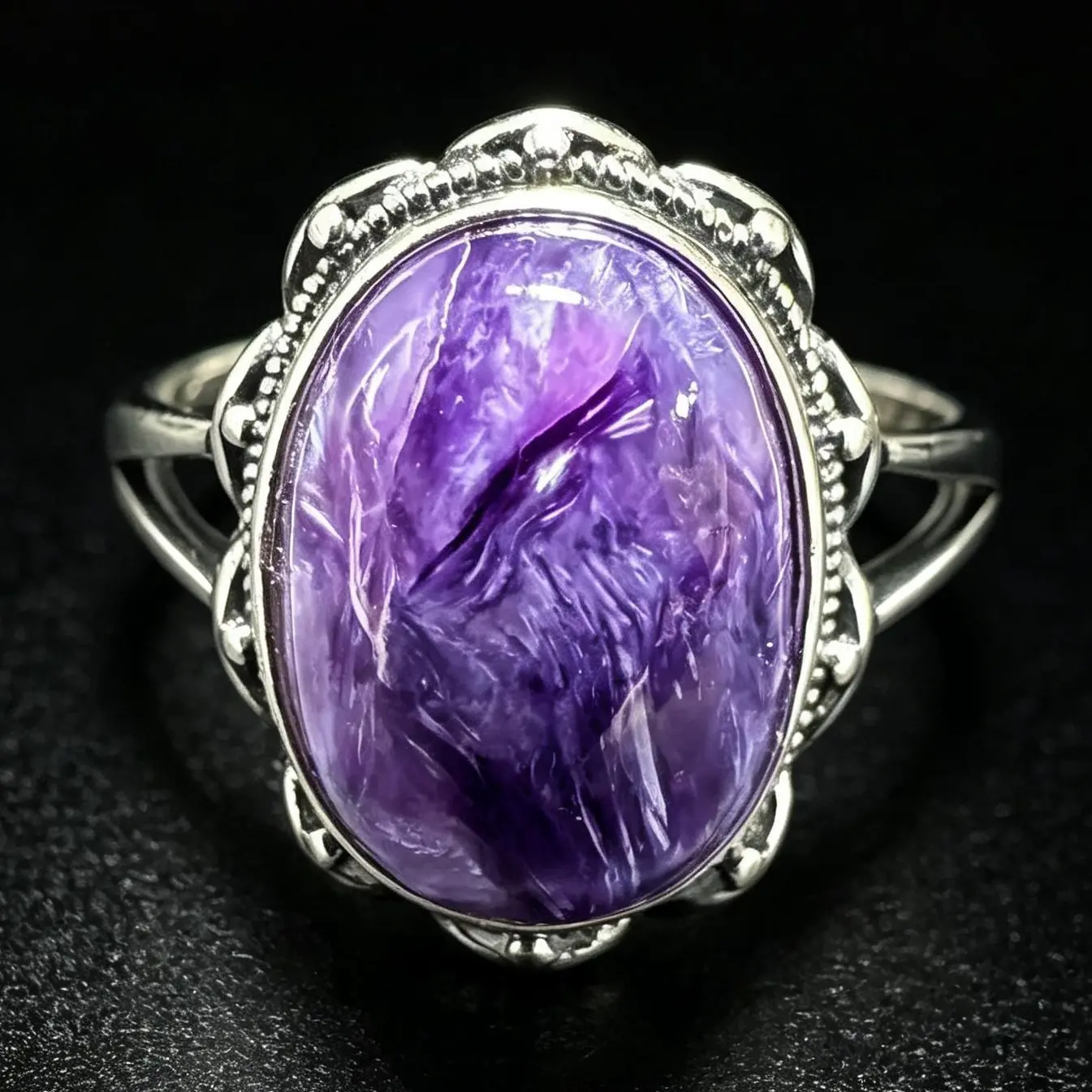 Oval Natural Charoite 925 Sterling Silver Scalloped Milgrain Bezel Split Shank Adjustable Statement Ring