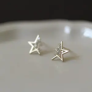 s925 sterling silver Pave CZ Half Star Stud Earrings，Star Starburst Stud Earrings，Minimalist Simple Unique Earrings，Star Stud Earrings for galentine‘s party valentine’s day gift，fashion zirconia earrings，anniversary holiday jewelry，gift for women，