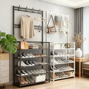 Elegant 5-Tier Coat Rack Shoe Rack with 8 Hooks & Storage Shelves Freestanding Iron Shoe Organizer for Entryway Bedroom Closet Living Room Office Stable Design Space-Saving Multifunctional Modern Durable Contemporary Home Solution
