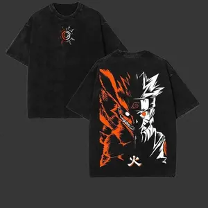 Naruto Nine Tails Kurama Vintage Washed Heavyweight T-Shirt | Oversized Unisex Anime Graphic Tee Double Printed | Retro Manga Streetwear Pump Cover