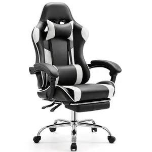 Gaming Chair with Footrest & Recline - Ergonomic Computer Chair with Lumbar Support & Headrest | PU Leather | Height Adjustable, 360° Swivel | Color: Black/White or Pink/White