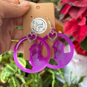 Handcrafted Purple Acrylic Dangle Earrings Heart Design Glitter Silver Tone