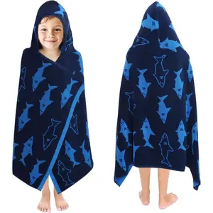 Hooded Bath Towel Wrap - Shark Attack - 100% Cotton Jacquard Reversible Large Hooded Kids Towel for Toddler Shower Pool Beach, Soft Plush Absorbent Quick Dry Gift, 26x50 Blue Navy