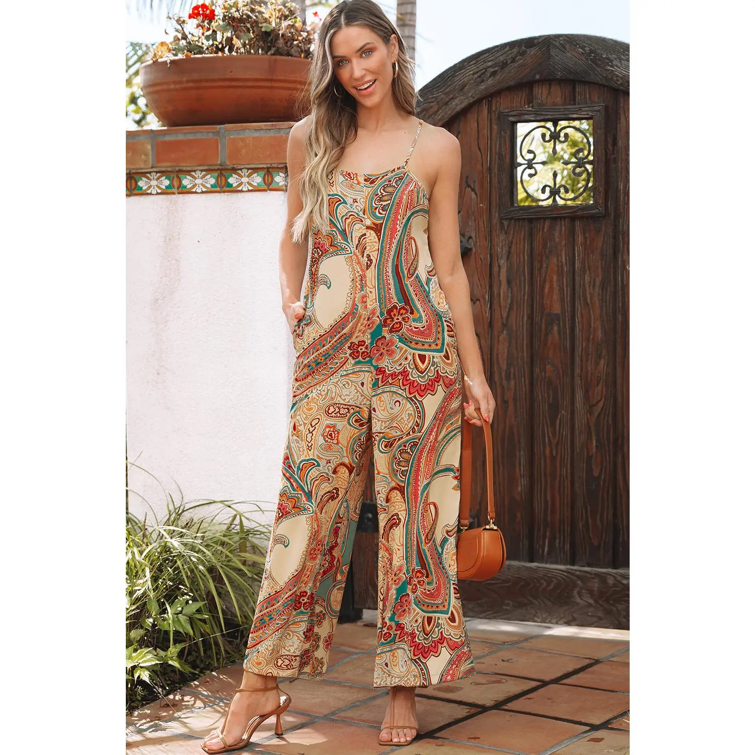 Red Paisley Printed Spaghetti Straps Elegant Wide Leg Jumpsuit