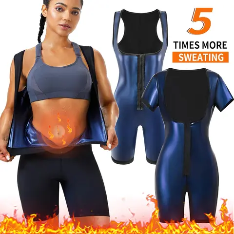 Women's Stretchable Sauna Sports Jumpsuit - Lightweight Solid Full Body Sporty Activewear, Gym Workout Tummy Control Waist Trainer Shapewear