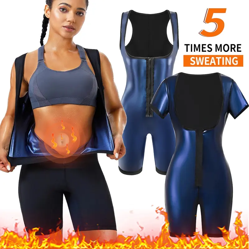 Women's Stretchable Sauna Sports Jumpsuit - Lightweight Solid Full Body Sporty Activewear, Gym Workout Tummy Control Waist Trainer Shapewear