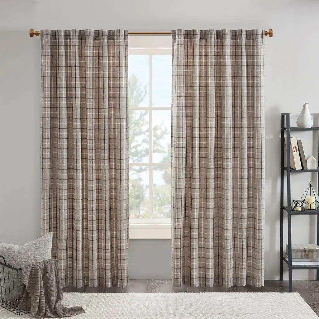 Brown Plaid Fleece Lined Curtain Panel, 50x84 Inches, Thermal Insulated, Light Blocking, Noise Reducing, Rod Pocket and Back Tab Hanging, for Living Room Bedroom