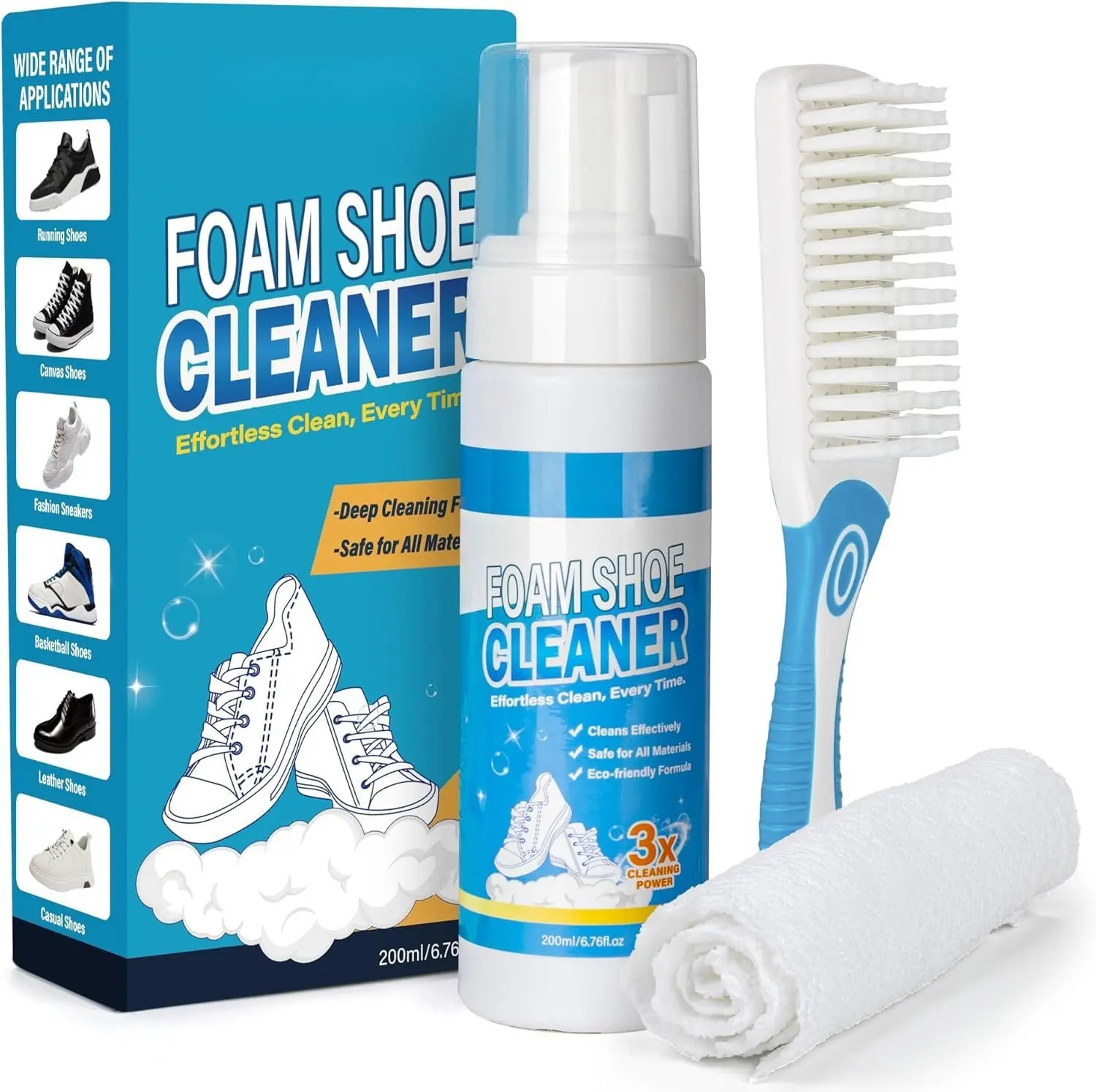 Shoe Cleaner Kit  200ml White Sneaker & Trainer Cleaner with Brush & Microfibre Cloth  For Leather, Canvas, Knit, Boots, Rubber & Running Shoes