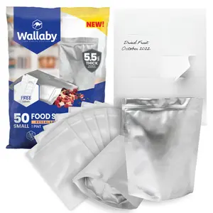 Wallaby 1-Pint Gusset Mylar Bags with Labels (50 Count) 11 Mil Total Thickness, Long-Term Food Storage, Heat-Sealable Airtight Packaging - Silver