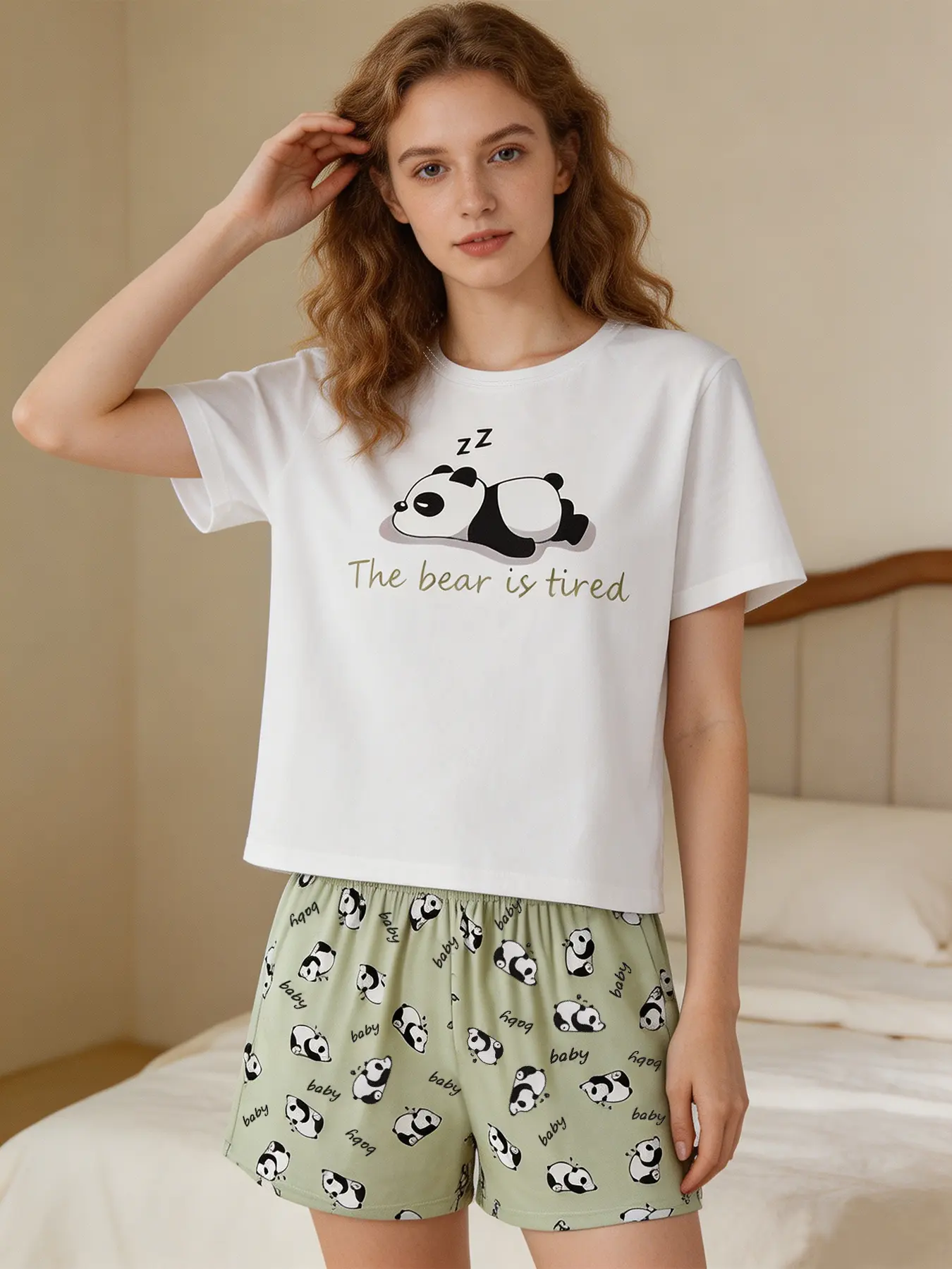 Two-Piece Panda Print Women's Pajama Set, Short Sleeve and Shorts, Casual Comfortable Home Wear, Loose-Fitting, All Seasons