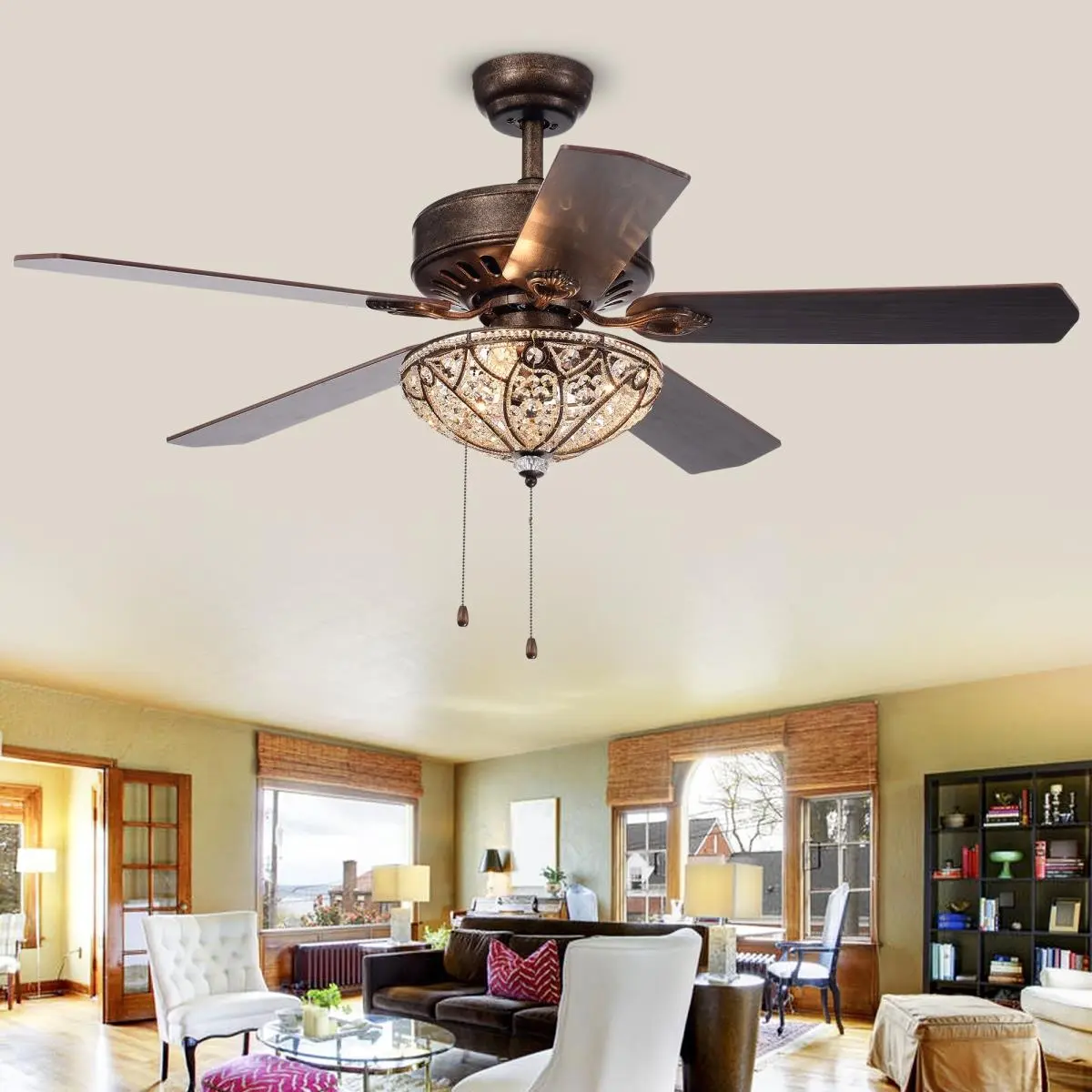 212 MAIN 52 in. Round Traditional Gliska Indoor Ceiling Fan - 3-Light Antique Speckled Bronze with Crystal/Glass Beads, Metal/Wood Color-Reversible Blades, Hand Pull Chain, 110-120V 60Hz, CETL Listed for Home, Room & House Decor, Indoor Use Chandeliers
