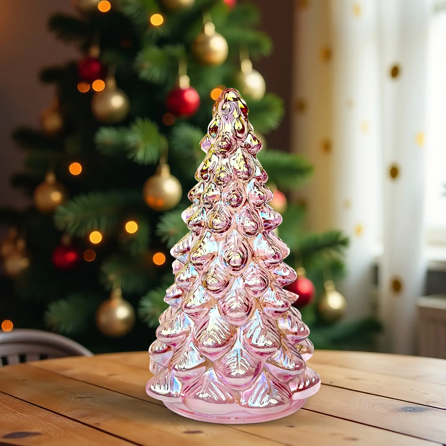 Elegant 8 Inch Glass Christmas Tree with Timer Pink Clear Twinkling Lights Tabletop Holiday Decoration for Home Office Christmas Decor Durable Glass Warm Glow Festive Centerpiece Year Round Use
