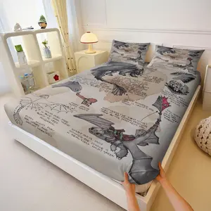 Vintage Sketch How to Train Your Dragon Theme Fitted Sheet Set, Includes One Bedskirt and 2 Pillowcases, Kids Bedroom Fantasy Movie Style Mattress Cover Decor, Soft Skin-friendly, Multi-size Optional, Soft Breathable Bedding
