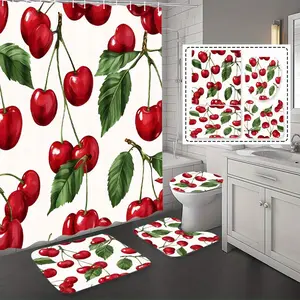 4pcs Cherry Theme Shower Curtain Set with 12 Hooks - Clear Cherry Pattern (Cherries & Stem) - Punch-Free Bathroom Partition Curtain, Durable, Modern Bathtub Divider for