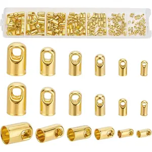 PH PandaHall 180pcs 6 Sizes Gold Cord Ends Caps Brass Bead Loop Barrel Clasp Crimp Beads Tassel Cap Cord Link Buckle for Necklace Bracelet Making