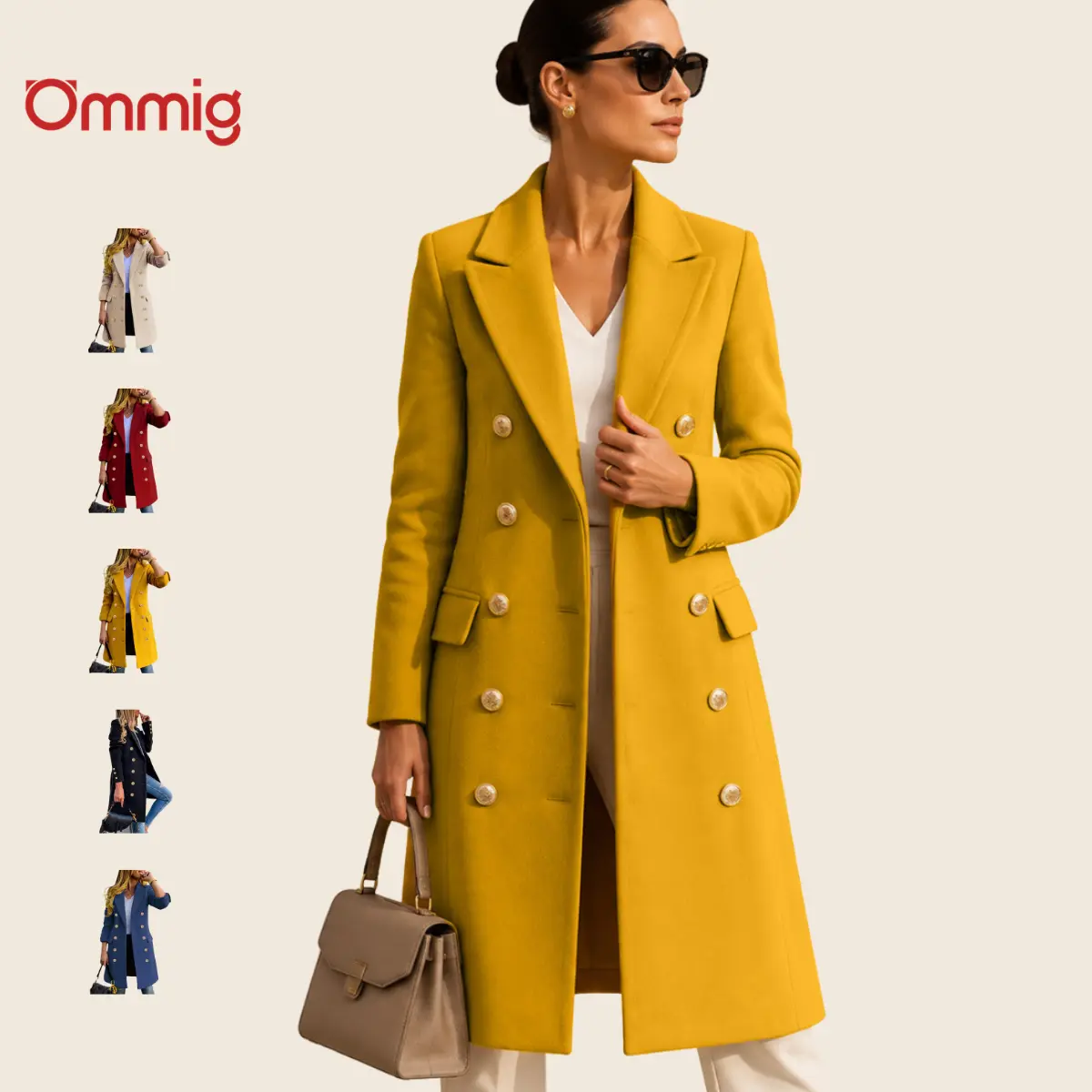 Ommig Women Wool Blend Peacoat Fall Winter Collar Double Breasted Knee Length Slim Minimalist Midi Outerwear