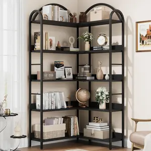 Industrial L-Shaped Corner Bookshelf, 5-Tier Arched Metal Frame Bookcase 68.5" Tall Large Corner Display Shelf for Living Room Bedroom, Black