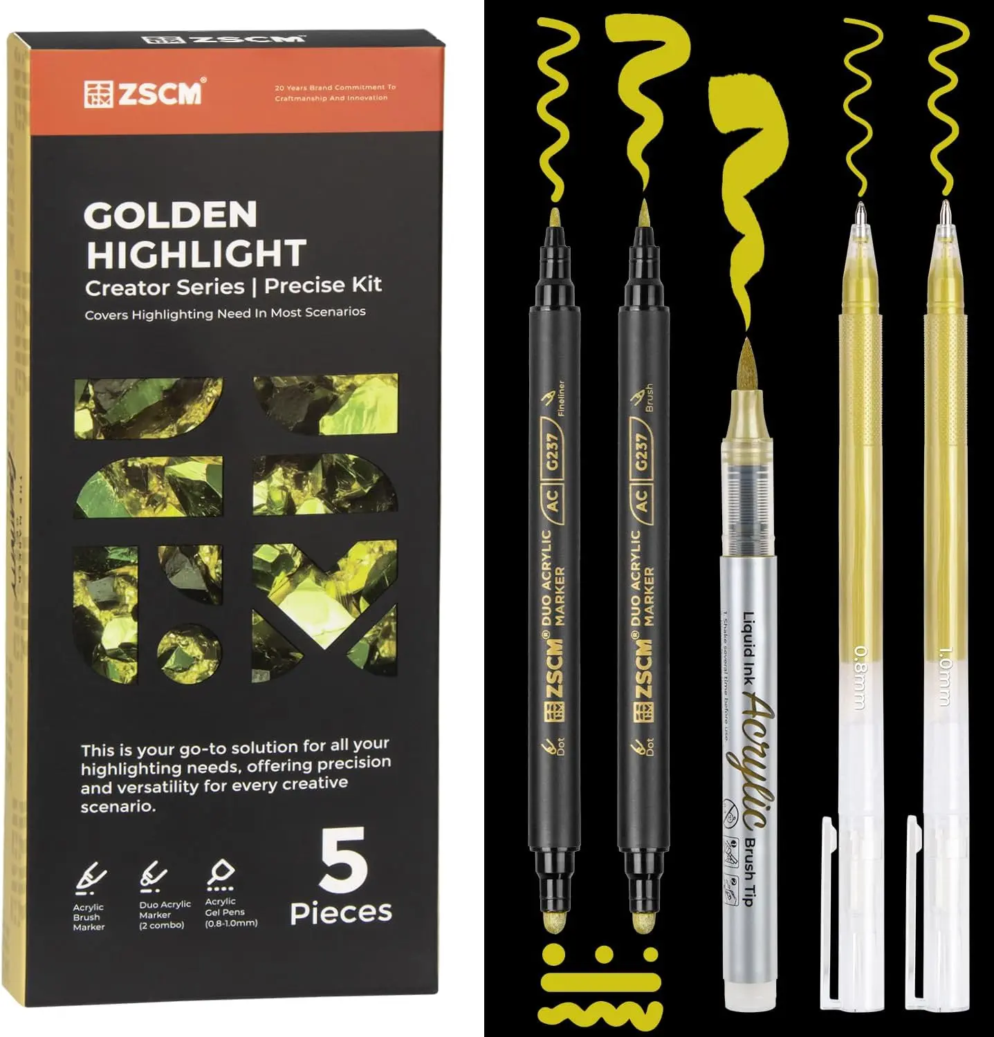 ZSCM 5-Pack Dual-Tip Opaque Acrylic Markers - Gold Ink Sketch Art Highlighting Pens with Fine Point Gel & Brush Tips, Broader Strokes for Card Making, Acrylic Brush Marker Painting Supply Sets, Sketch Art Markers, Brush Tip Markers tiktokshopbacktoschool