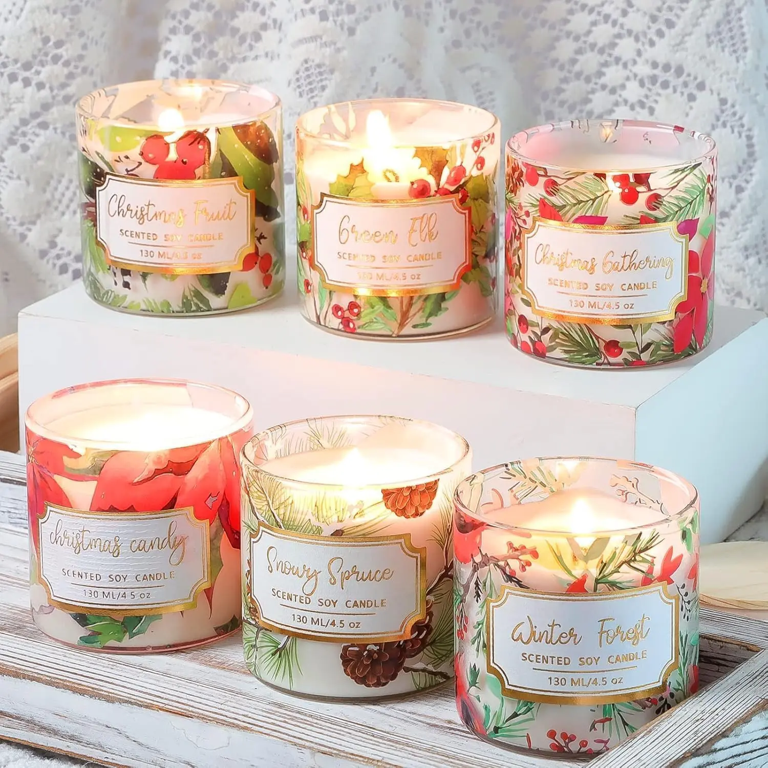 Jar Candles Scented with Lid Gift Set of 6 Christmas Theme Glass Jar Different Fragrance Soy Wax Aromatherapy Candles Take Harsh Smells Away Candle for Home Scented Stress Relief Relaxation