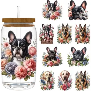 4 Sheets 16oz UV DTF Cup Wrap - Removable - DIY UV DTF Transfer Papers for Mug Cups,Notebook - Easy-Peel UV DTF Transfers for Smooth Surfaces (Flowers and Dogs)