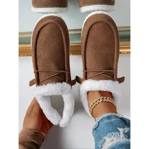 Women’s Solid Color Lace Up Fluffy Suede Slip-On Shoes – Casual Comfortable Warm Thermal Lined Sneakers, Cozy All-Match Winter Footwear for Daily Wear Girl Slipon Brown