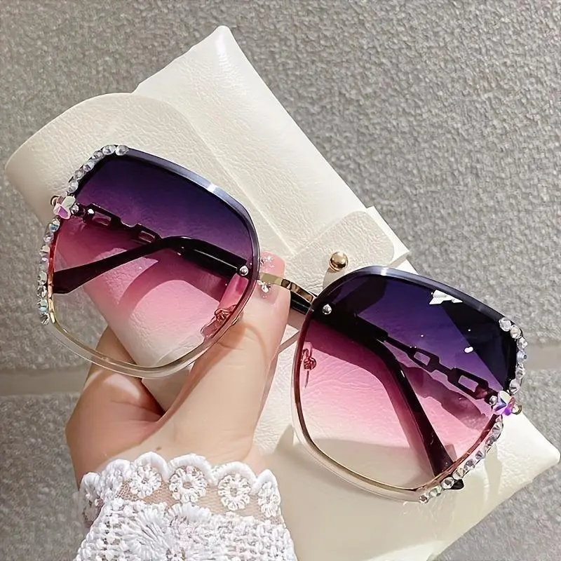 Women's Oval Rimless Rhinestone Sunglasses - Lightweight & Comfortable Adjustable Metal Frame, Gradient Purple-Pink UV-Protection Lenses, Sporty Chic Sports & Outdoor Protective Gear, Thoughtful Female Gift for Daily Wear,Birthdays, Womens Sunglasses, Tho