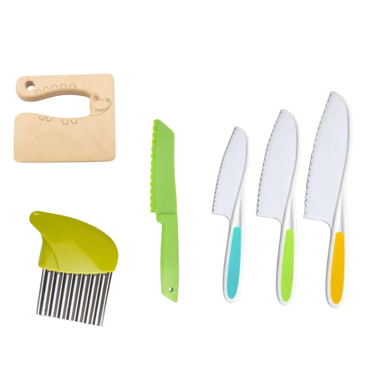 Kids Kitchen Safe Knife Set, 6counts/set Kids Vegetable Fruit Bread Cake Knife Set, Crinkle Potato Cutter, Wooden Knife, Fruit & Vegetable Slicer, Kit