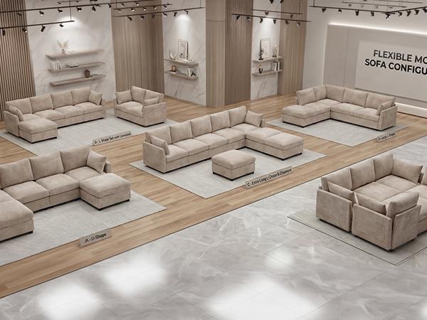 Sectional  Cloud Sofa with Ottoman – Cozy Modular Couch for Relaxing, Lounging & Everyday Living, Khaki