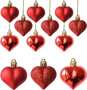12Pcs Red Heart Ornaments Multi Finish Baubles for Valentine’s Day Christmas Tree Wedding Anniversary Party Decorations Matte Glossy Glitter Surfaces