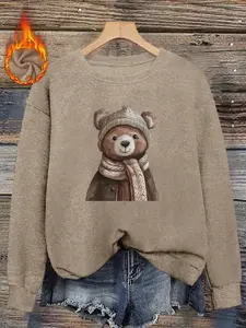 Women's Fall Winter Fitted Long Sleeve Sweater, Cute Bear Print Knit Top, Casual Round Neck Warm Clothing, Daily Wear Knitwear