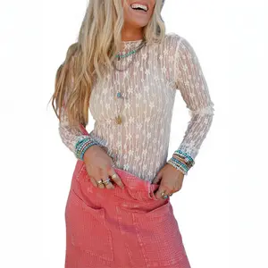 Mntaor Women's Mesh Lace Long Sleeve Top Mock Neck Sheer Blouse Floral Lace See Through Blouse for Ladies Winteroutfit