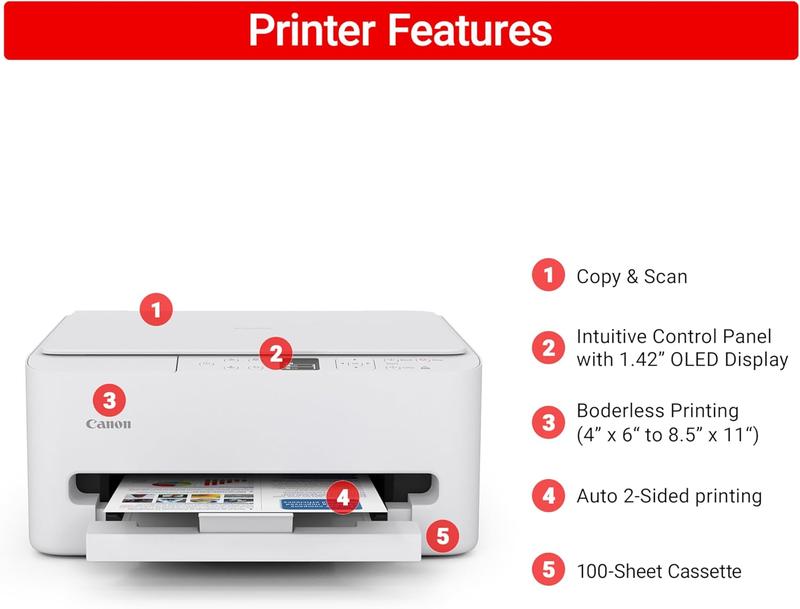 Canon PIXMA TS6520 Wireless Color Inkjet Printer Duplex Printing, White – Home Printer with Copier/Scanner, 1.42 OLED Display, Intuitive Control Panel, Compact Design