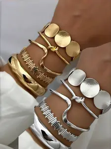 Women's Vintage Geometric Design Wide Face Metal Stackable Bracelet Set, 10/5 Pieces, Perfect for Daily Wear, Parties, Dates, Gifts