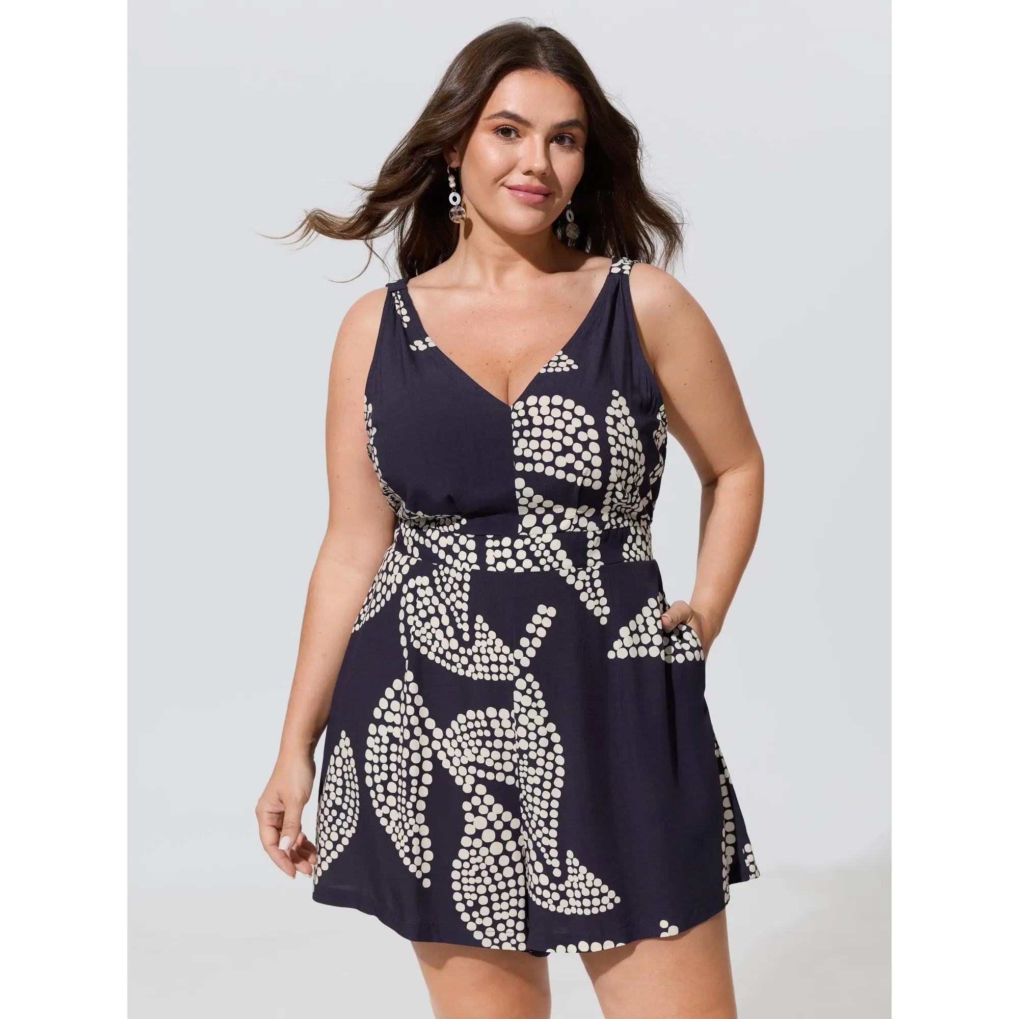 BLOOMCHIC Plus Size Supersoft V Neck Dot Print Romper[M-6X] Summerfinds