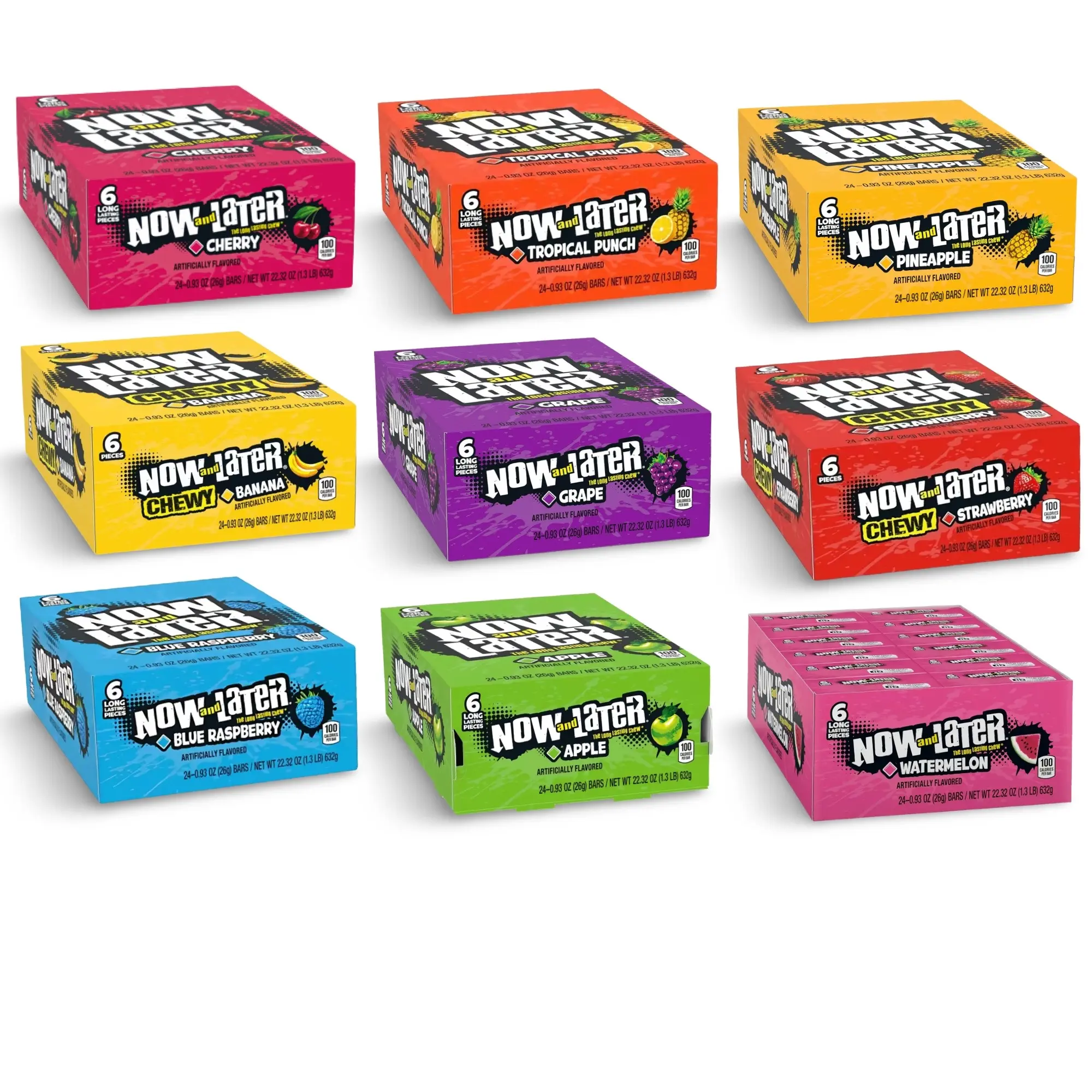 Now and Later Original Sweet Fruit Chewy Taffy Chews Candy 0.93 Oz, 24 Pack