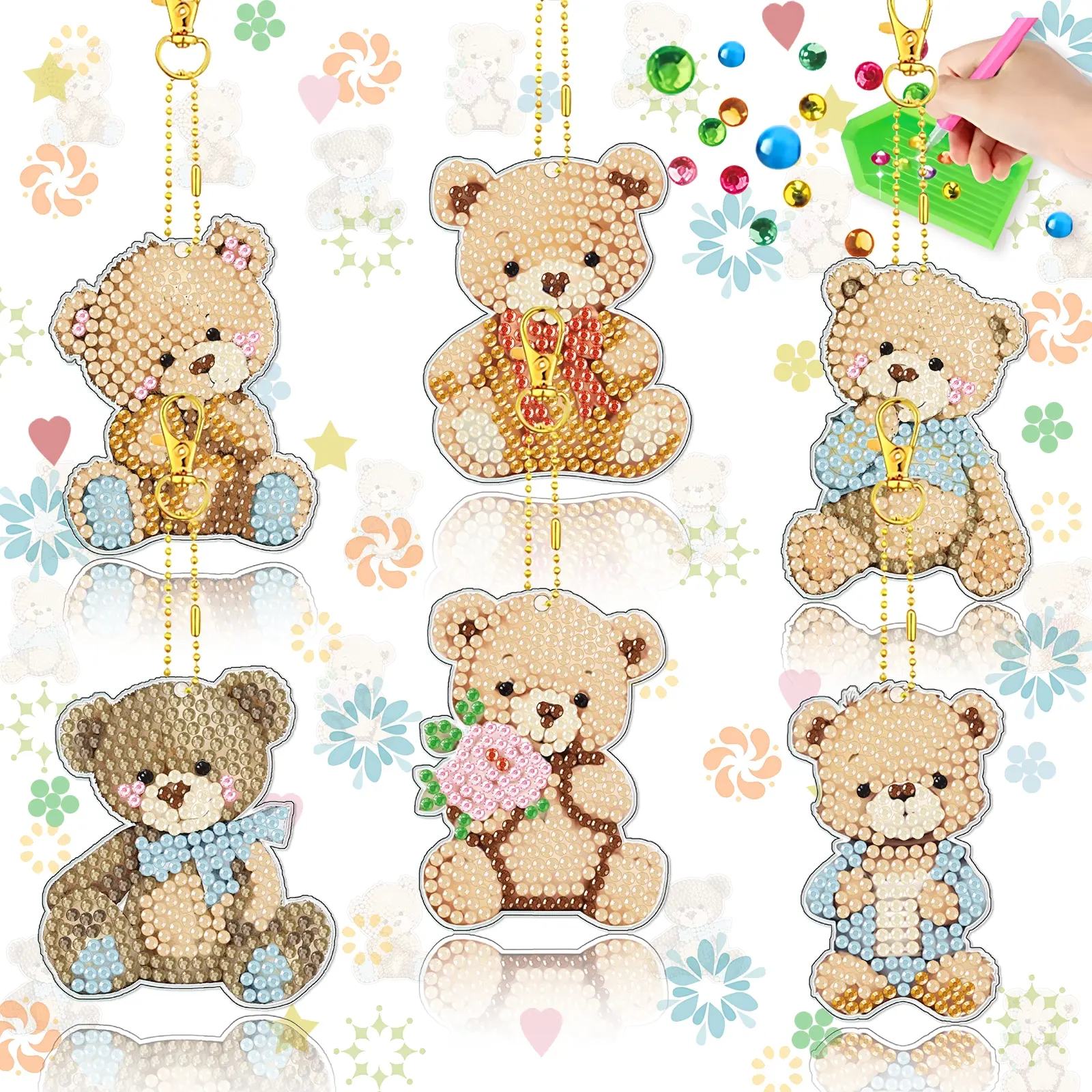 6-piece set, 5D diamond art pendant, DIY bear diamond painting keychain, DIY Kits, includes tool kit, handmade art decoration, includes keychain, suitable for adult craft enthusiasts.