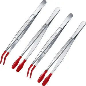 4 Pieces Rubber Tipped Tweezers PVC Silicone Tip Tweezers Coated Flat and Bent Tip Forceps for Lab Industrial Jewelry Craft Coin Stamp Tongs(Red)