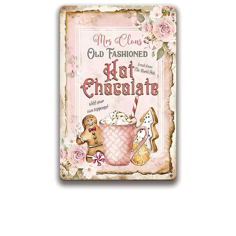 Vintage Metal Iron Rectangle Mrs. Claus Decorative Hot Chocolate Plaque - 12x8 in Rustic Whimsical Holiday Kitchen Sign, Indoor Home Decor Items for Home Cafe, Mrs. Claus Sign, Indoors