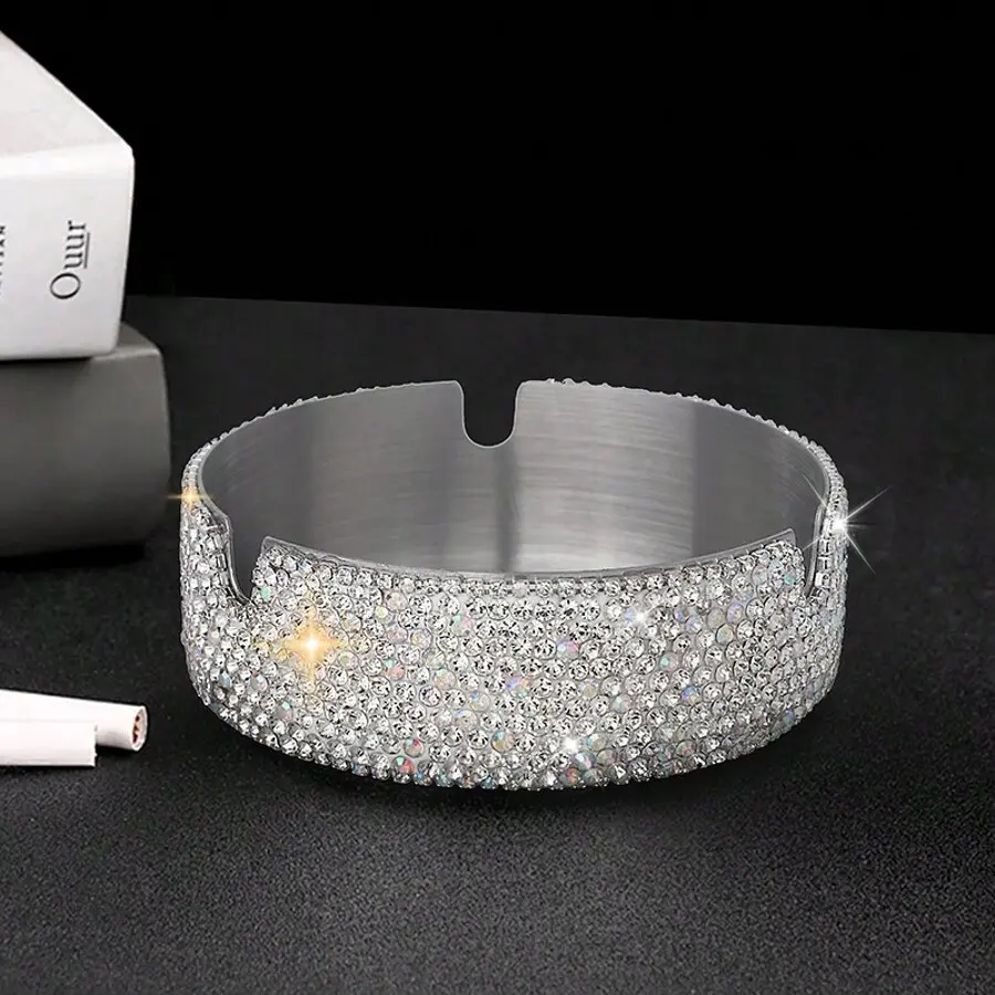 Luxury Blingbling Ashtray, Rhinestone Stainless Steel, High-End Gift, Decorative, Suitable for Home, Internet Cafe, Bar, Car Interior Decor, Collectible Room Decor, Ornaments