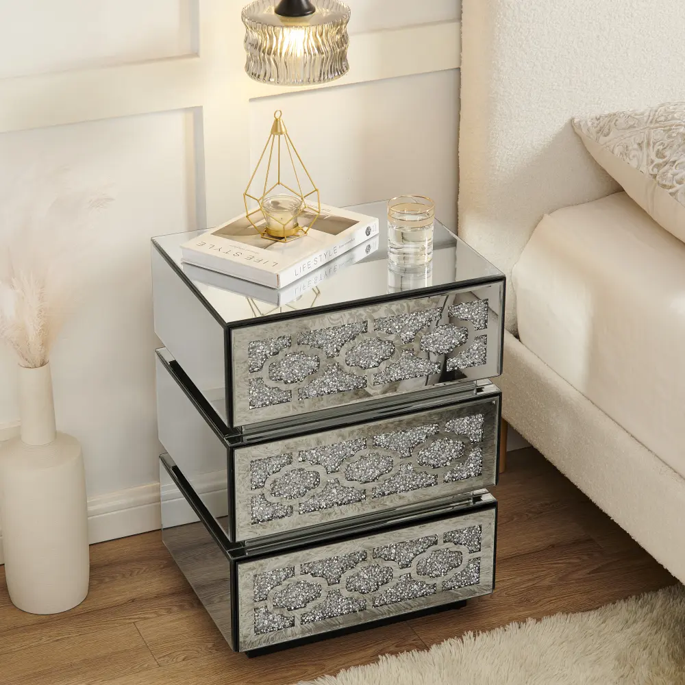 Modern Mirrored MDF Bedside Nightstand - 3 Drawers, Mirror Back, Silver Accent, Crushed Diamonds - Indoor End Table for Bedroom, Living Room - 17.7"W x 13.8"D x 23.6"H, Three Drawers