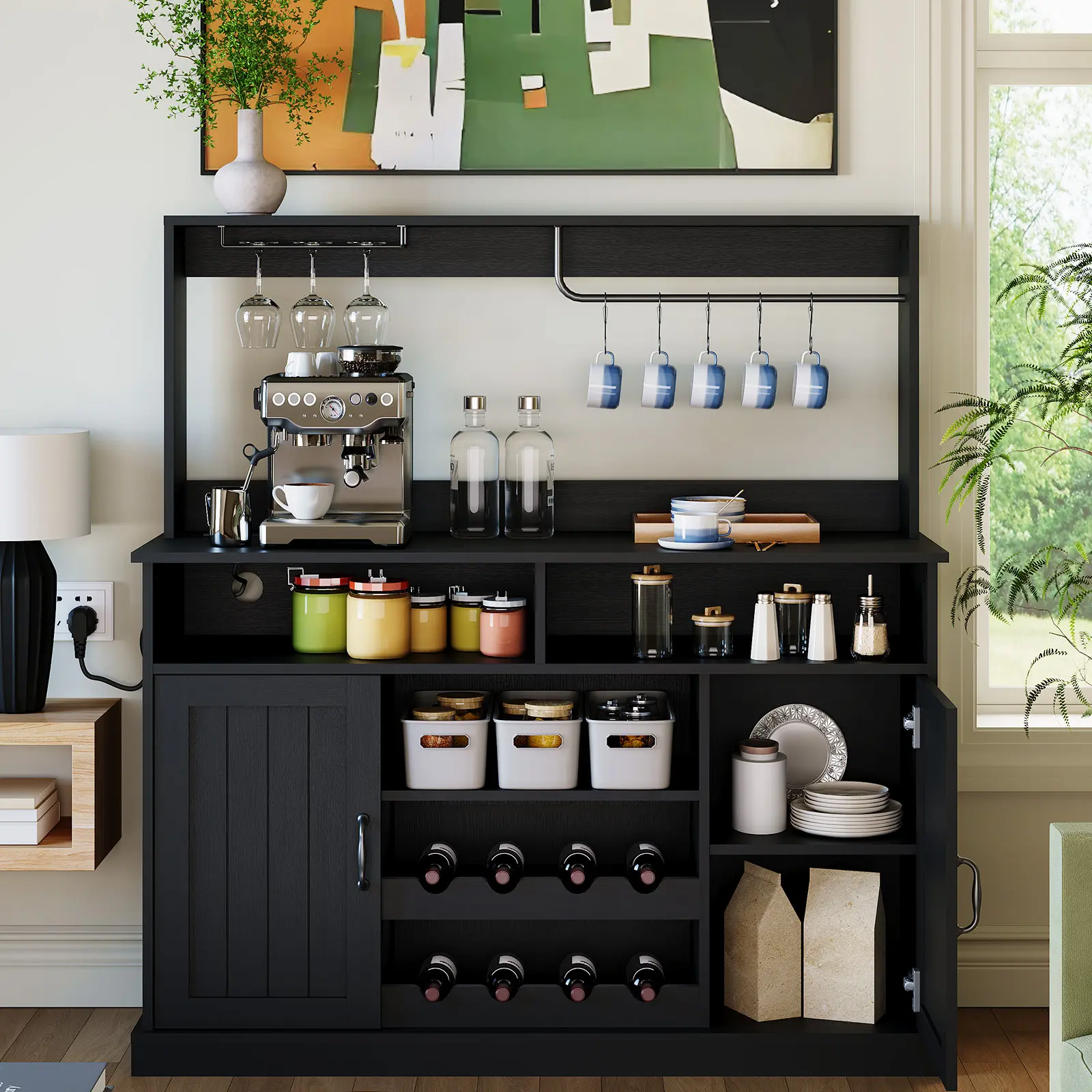 47-in Farmhouse Coffee Bar Station Cabinet with Power Outlet - Wine Rack, Goblet Holder, Mug Hooks, Adjustable Shelves - Sideboard Buffet Storage for Kitchen, Dining Room