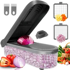 LHS Vegetable Chopper Multifunctional Food Chopper Onion Chopper Vegetable Slicer Dicer Cutter Potato Cutter Veggie Chopper with Container (4 in 1, Grey) LHS