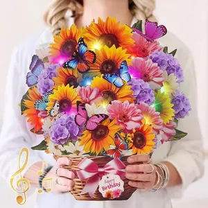 Birthday Cards with MUSIC & LIGHTS, Pop Up Happy Birthday Card, Sunflower & Butterfly, 10 Inch Life Sized Forever Flower Bouquet Gifts for Women Mom Grandma
