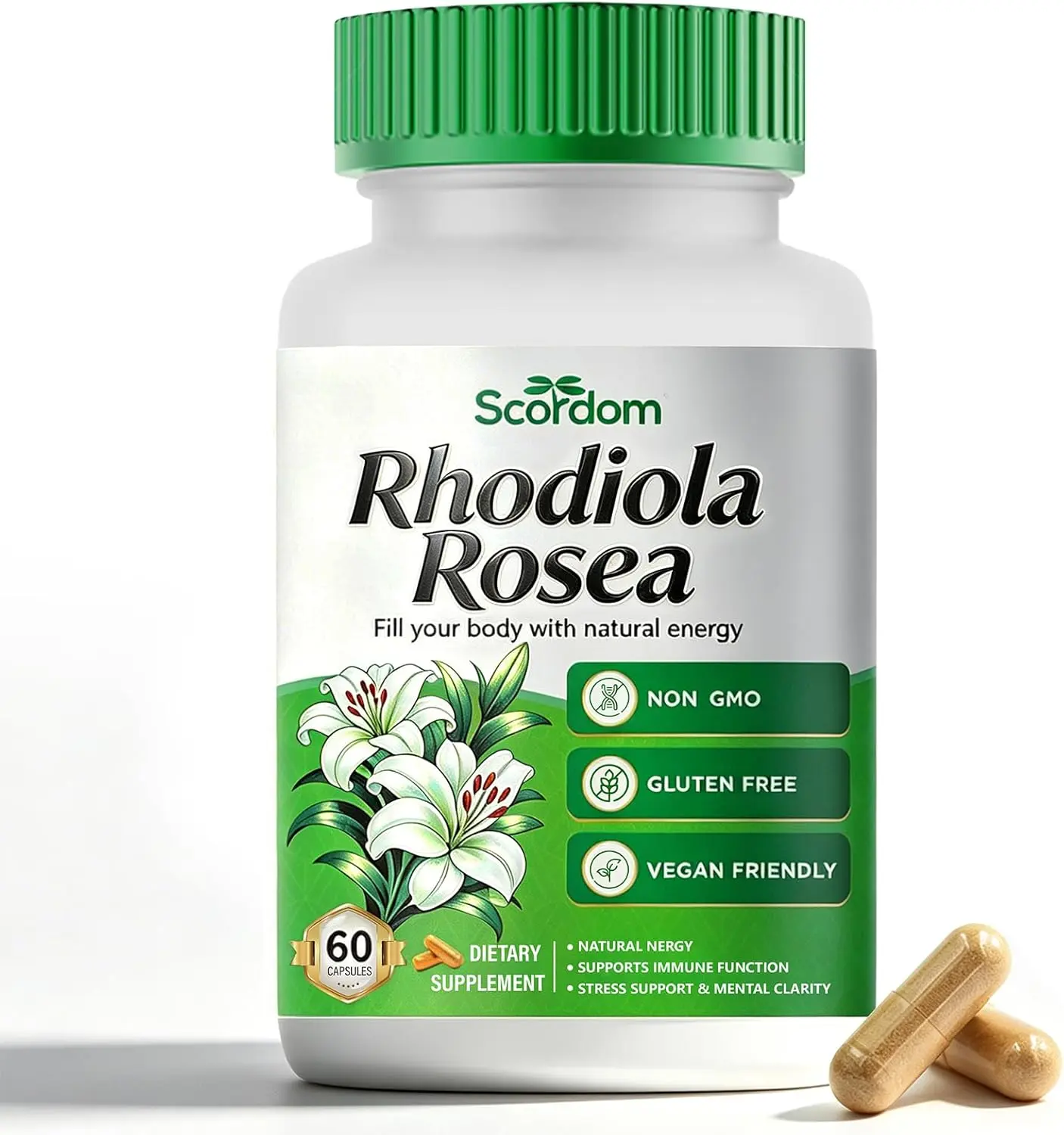 Rhodiola Rosea Capsules 500mg - Natural Adaptogen Supplement for Stress Relief, Mental Focus & Energy Boost - Non-GMO (60 Capsules)
