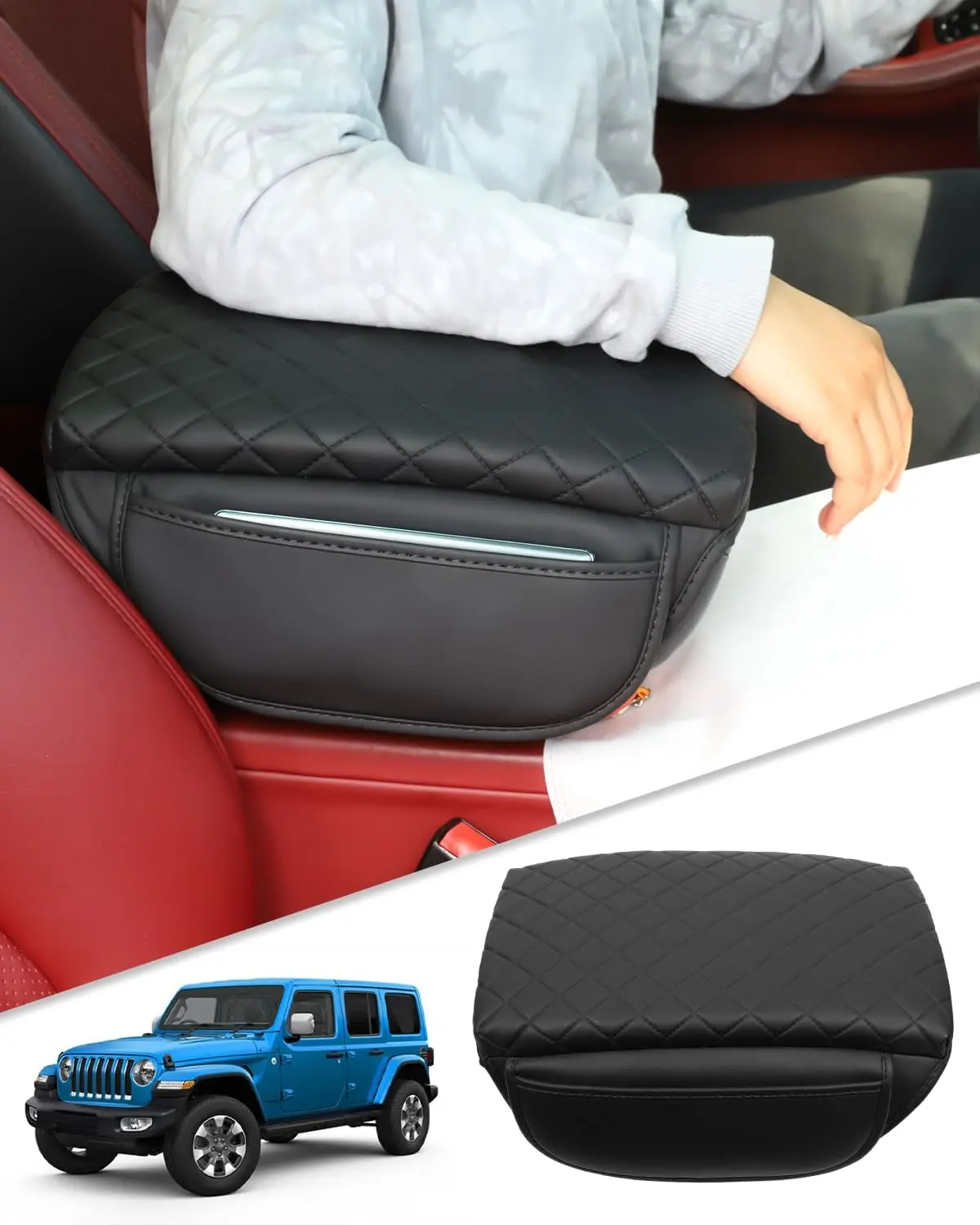 Black Faux Leather Armrest Protect Cover with Organizer Storage Pockets, Center Console Cushion Pad, Automotive Interior Accessory for 2018-2025 JL & Gladiator JT Arm Rest Lid, Car Accessories, Accessories For Car