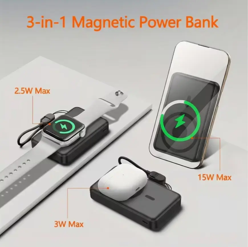 10,000 mAh Chargeable Portable Magnetic Power Bank - 22.5W Fast Charging, 3-in-1 for Smartphone, Earphones, Watch, Compact Design, Local Warehouse Shipping, Essential Mobile Accessory