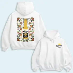 Corona Extra Floral Hoodie, Vintage Beer Bottle Flower Graphic Pullover 2-Sided Summer Beach Party Style Gift
