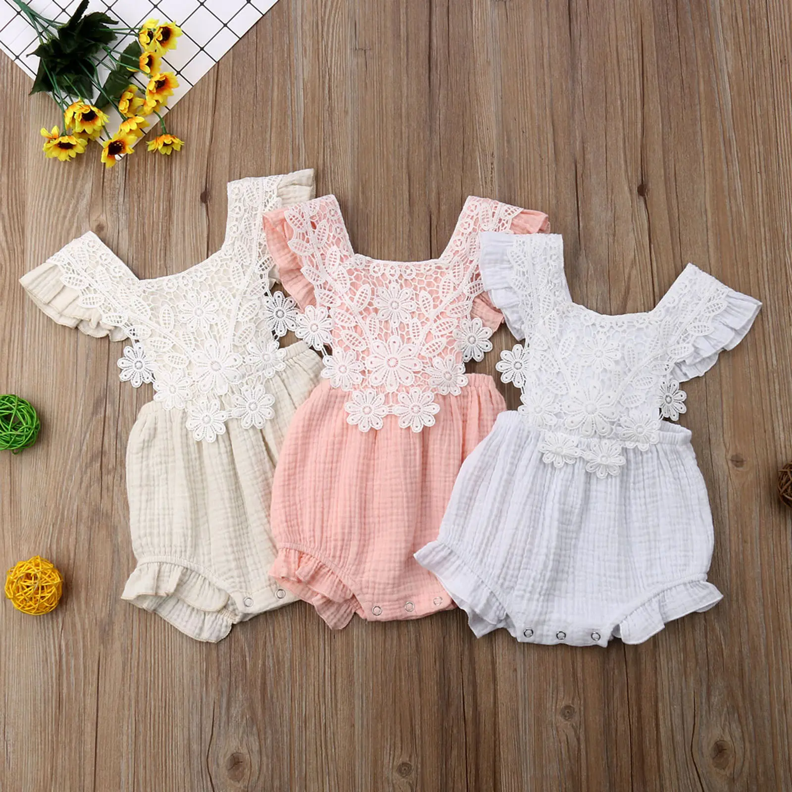 Newborn Baby Girl Solid Color Ruffle Sleeve Floral Lace Embroidery Romper Toddler Backless Summer Bodysuit + Headband
